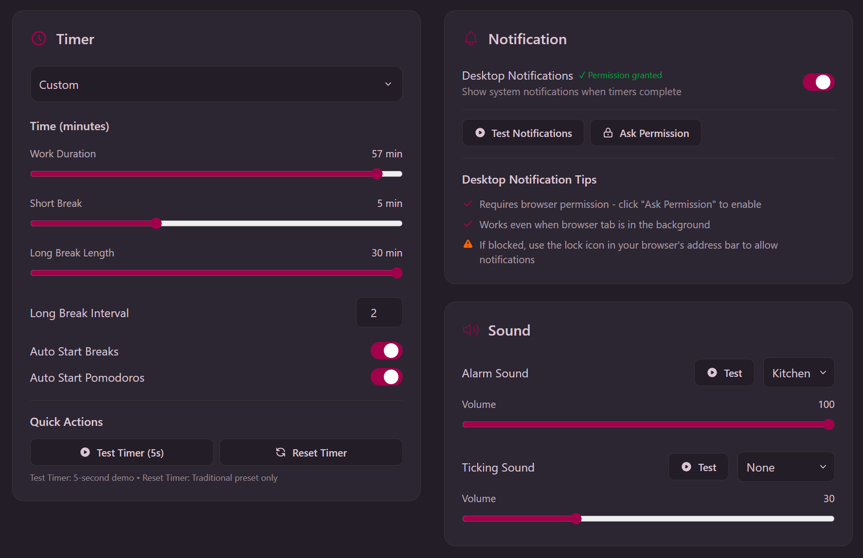 Bracadia Timer settings panel showing preset options and customization controls