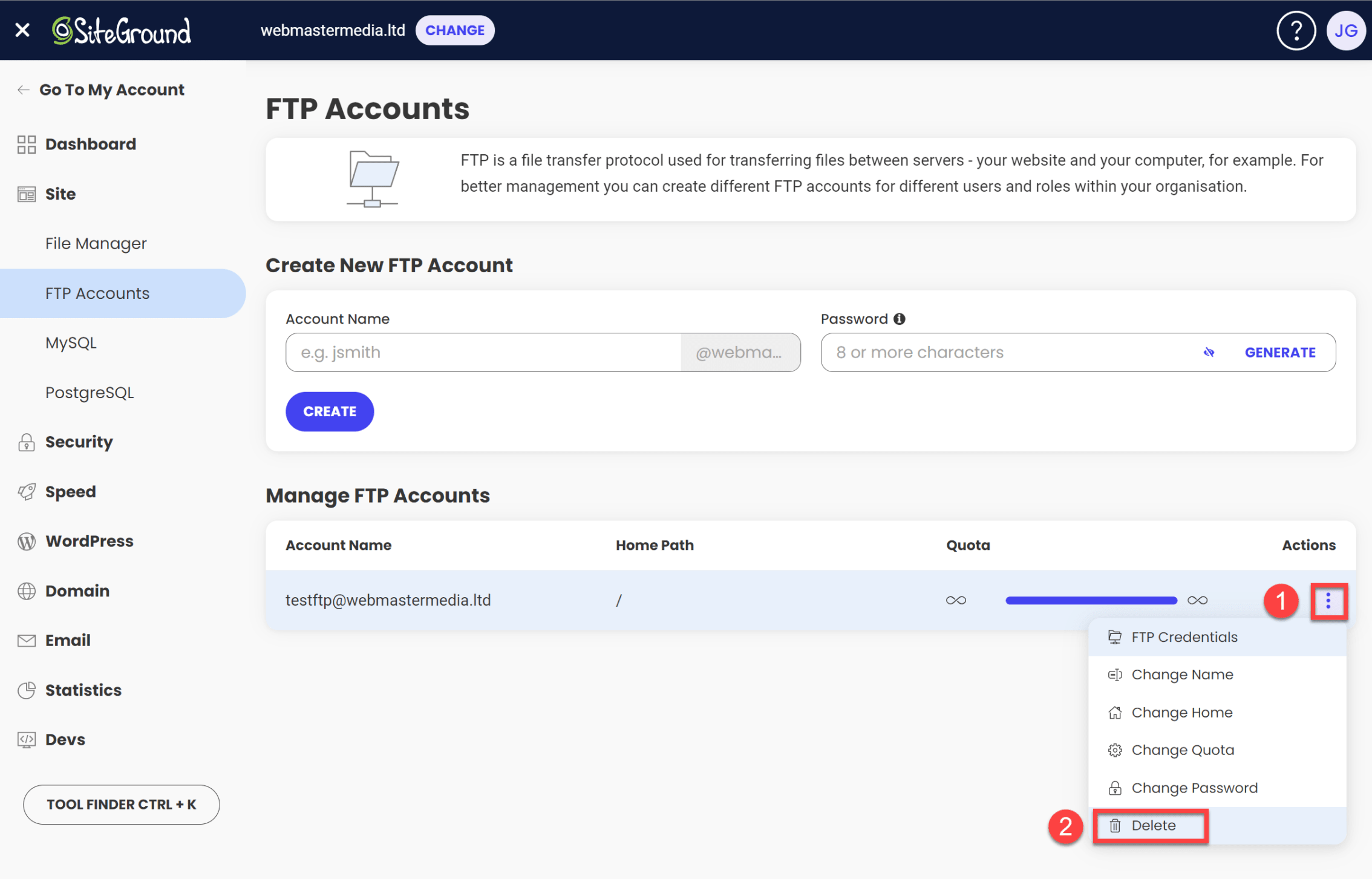 Click on the 'Delete' button next to the FTP account you wish to delete.
